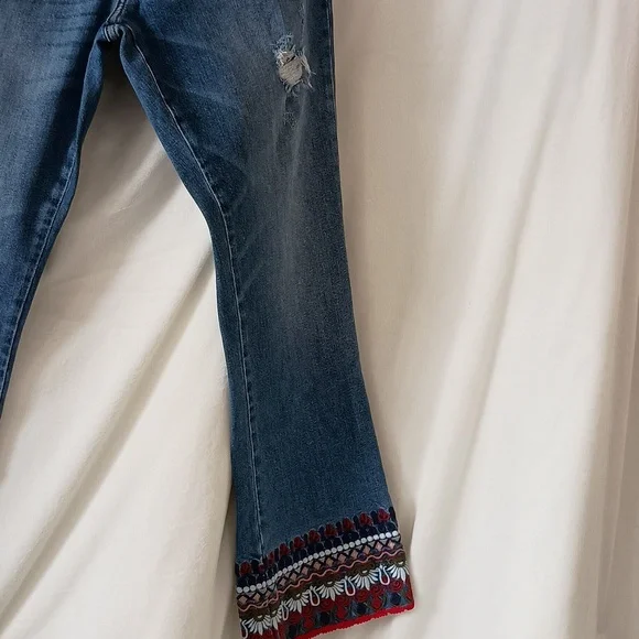 Pilcro And The Letterpress By Anthropologie Flare Jeans with Embroidered Red Hem - Picture 3 of 6